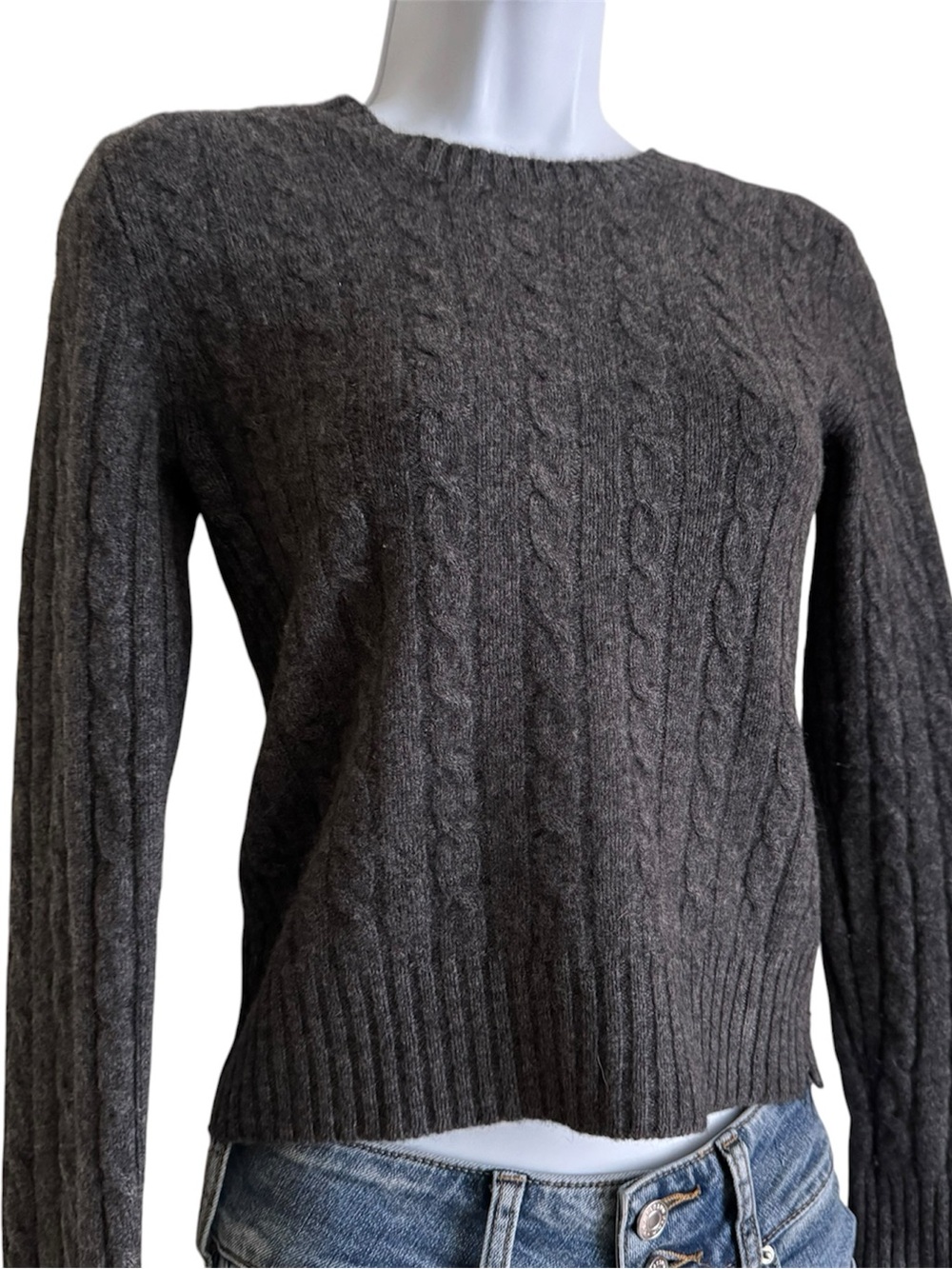 100% Cashmere Charcoal Grey Cable Knit Crewneck Sweater Small